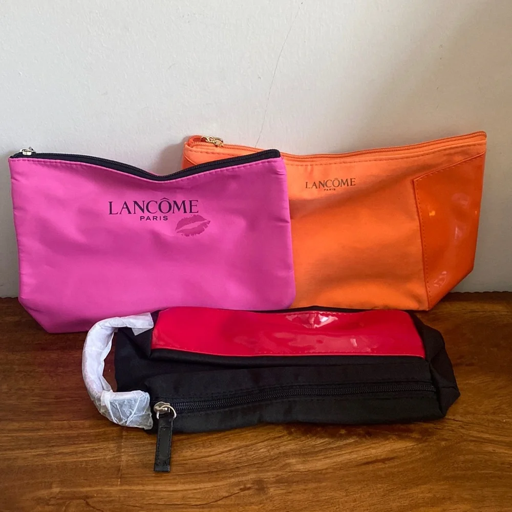 New Lancome 3 PC Cosmetic Travel Bag Set Spring or Summer Pink Orange Floral Swi